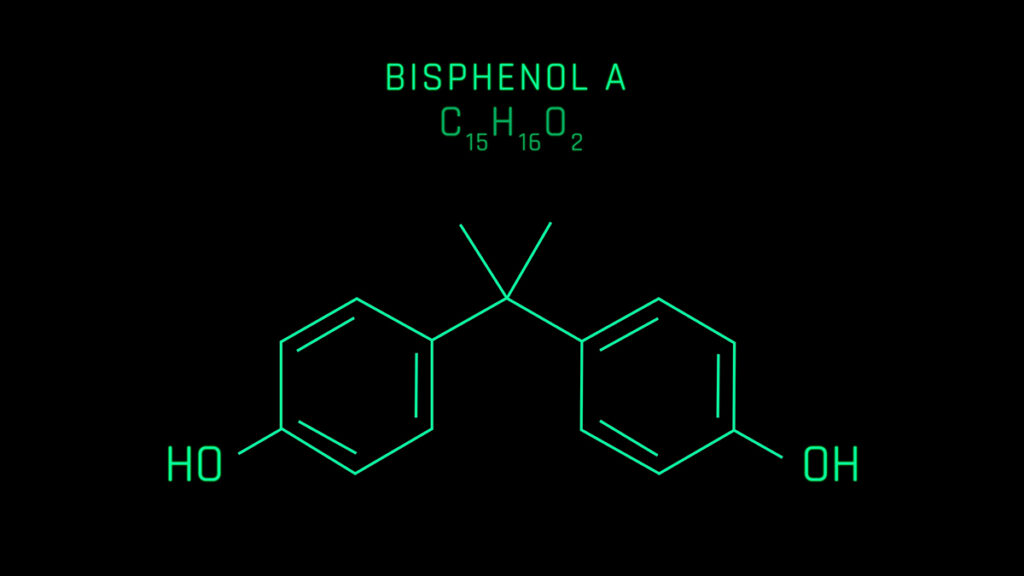 Bisphenol A (BPA) maddesinin kimyasal molekül yapısı ve $C_{15}H_{16}O_2$ formülü siyah arka plan üzerinde yeşil çizgilerle gösteriliyor.