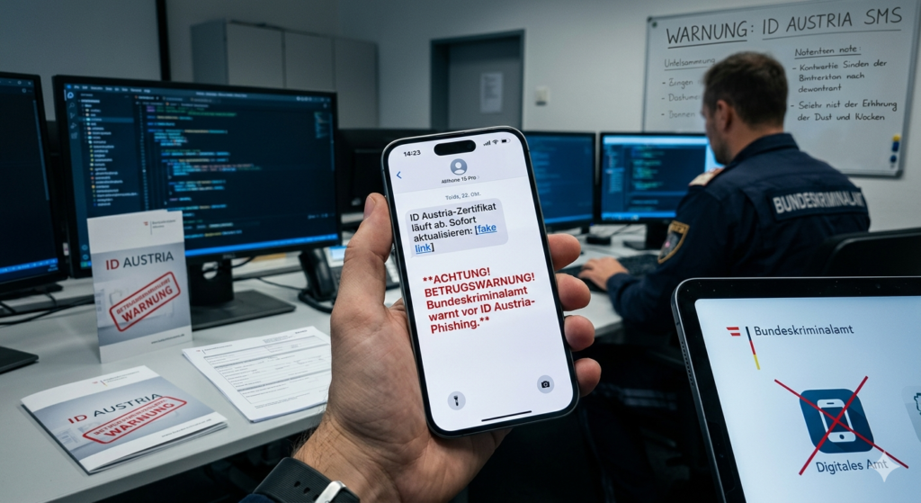 Avusturya Federal Kriminal Dairesi siber suçlar ofisinden ultra gerçekçi bir fotoğraf. Ön planda bir el, üzerinde 'ID Austria' phishing uyarısı olan bir akıllı telefonu tutuyor. Arka planda bir polis memuru, monitörler ve duvarda 'WARNUNG: ID AUSTRIA SMS' yazan beyaz tahta görülüyor.