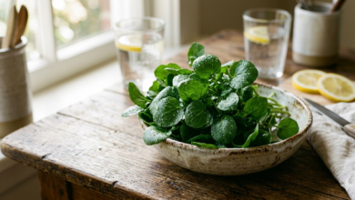 Taze su teresi (Brunnenkresse) yaprakları ve sağlıklı beslenme bileşenleri.