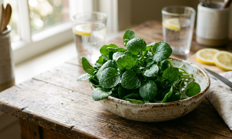 Taze su teresi (Brunnenkresse) yaprakları ve sağlıklı beslenme bileşenleri.