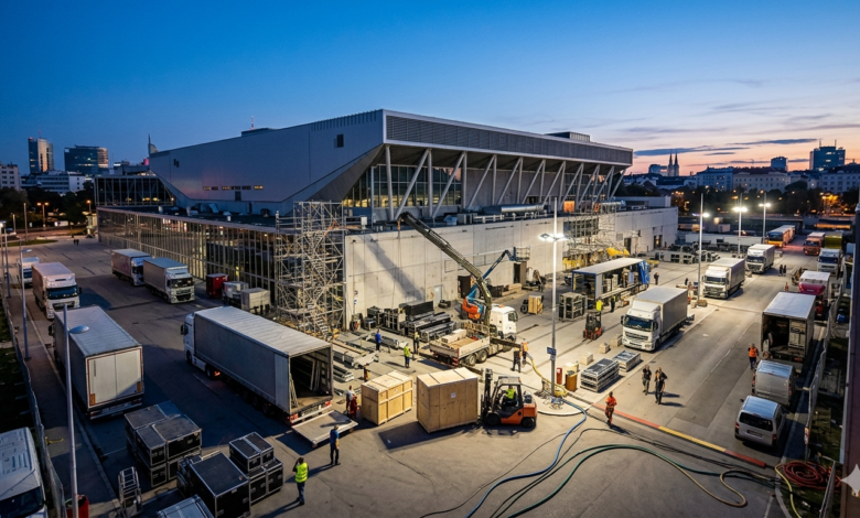 Eurovision 2026 Viyana Wiener Stadthalle hazırlıkları ve teknik tırlar.