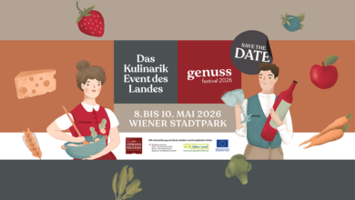 Genuss-Festival 2026 Viyana resmi afişi. Üzerinde 8-10 Mayıs 2026 tarihleri, Viyana Stadtpark lokasyonu ve "Das Kulinarik Event des Landes" ibaresi yer alıyor.