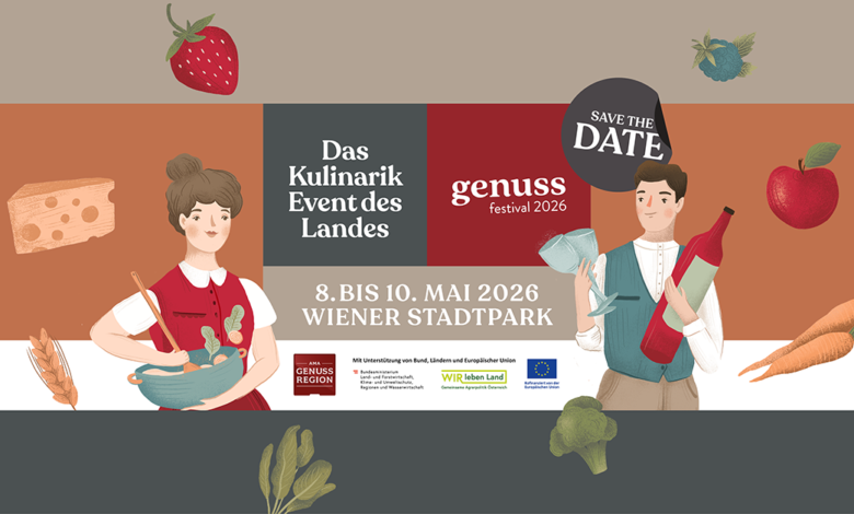Genuss-Festival 2026 Viyana resmi afişi. Üzerinde 8-10 Mayıs 2026 tarihleri, Viyana Stadtpark lokasyonu ve "Das Kulinarik Event des Landes" ibaresi yer alıyor.