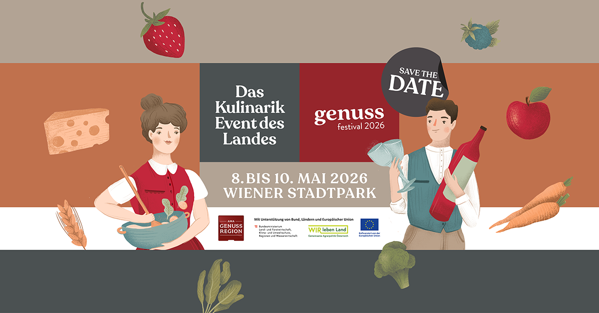 Genuss-Festival 2026 Viyana resmi afişi. Üzerinde 8-10 Mayıs 2026 tarihleri, Viyana Stadtpark lokasyonu ve "Das Kulinarik Event des Landes" ibaresi yer alıyor.