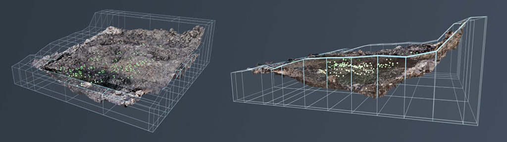 Hallstatt kazı alanının yüksek hassasiyetli 3D dijital modeli. Sarı noktalar, bulunan Neolitik tahıl tanelerinin mekansal dağılımını gösteriyor.