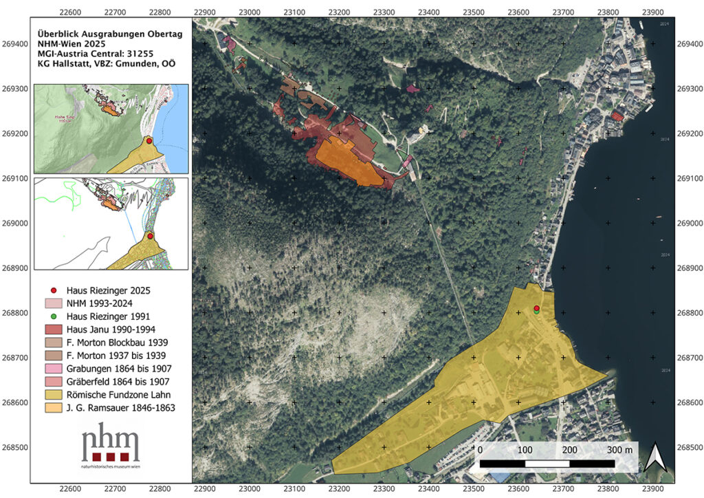 NHM Wien 2025 Hallstatt Obertag kazılarının genel coğrafi haritası. Harita, Neolitik Riezinger Evi'ni (kırmızı nokta) ve bölgedeki diğer tarihi katmanları (Örn: Roma buluntu bölgesi) gösteriyor.