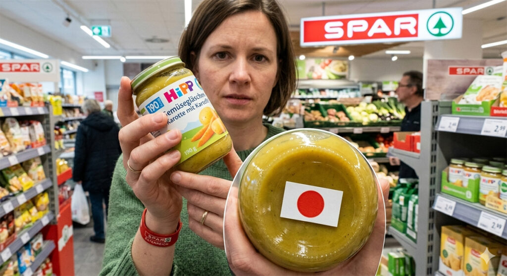 Avusturya SPAR marketinde HiPP bebek maması kavanozunun altındaki kırmızı daireli uyarı işaretini gösteren bir kadın.
