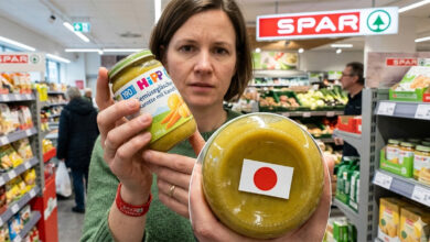 Avusturya SPAR marketinde HiPP bebek maması kavanozunun altındaki kırmızı daireli uyarı işaretini gösteren bir kadın.