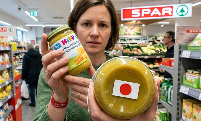 Avusturya SPAR marketinde HiPP bebek maması kavanozunun altındaki kırmızı daireli uyarı işaretini gösteren bir kadın.