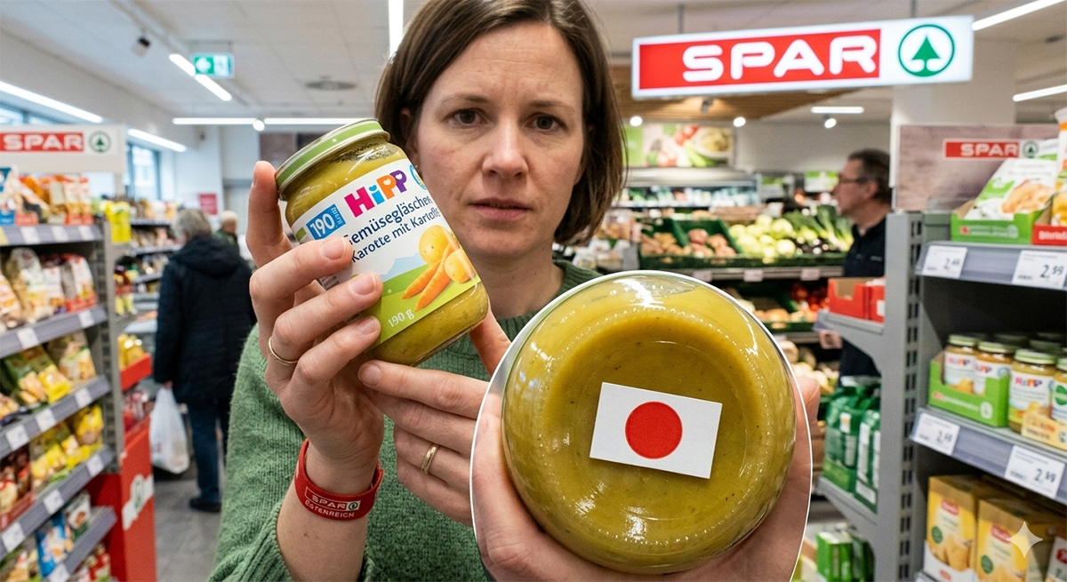 Avusturya SPAR marketinde HiPP bebek maması kavanozunun altındaki kırmızı daireli uyarı işaretini gösteren bir kadın.