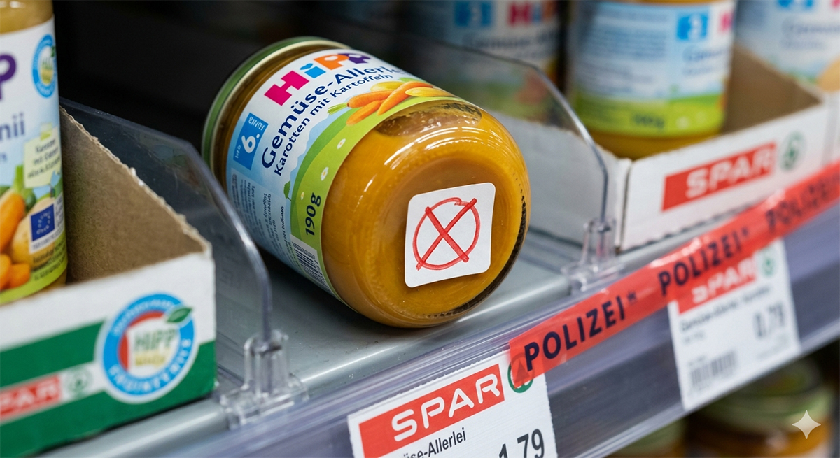 Avusturya'da SPAR market rafında polisin zehirli olduğu gerekçesiyle uyardığı, tabanında kırmızı daire işareti bulunan manipüle edilmiş HiPP bebek maması kavanozu.