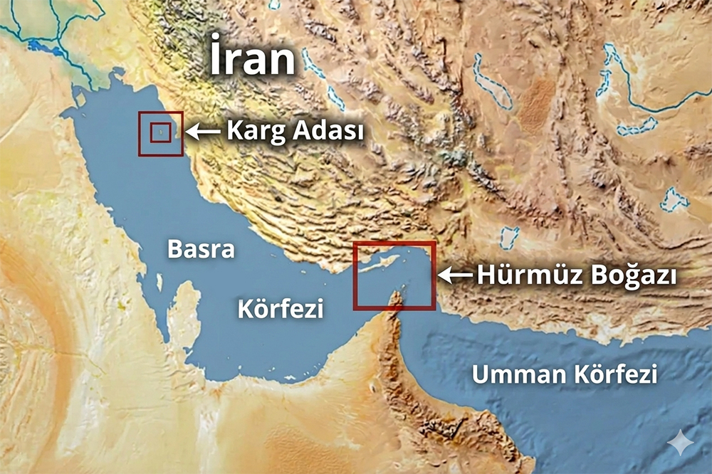 Hürmüz Boğazı, Karg Adası ve Basra Körfezi stratejik konum haritası Türkçe.