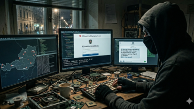 Avusturya ID Austria sistemine yönelik oltalama (phishing) siber saldırısını gerçekleştiren, karanlık bir ortamda üç monitör önünde oturan maskeli hackerın yakın çekim ultra gerçekçi fotoğrafı. Monitörlerde sahte ID Austria giriş sayfası ve Almanca sahte SMS metni görülüyor.
