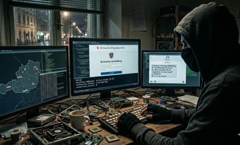 Avusturya ID Austria sistemine yönelik oltalama (phishing) siber saldırısını gerçekleştiren, karanlık bir ortamda üç monitör önünde oturan maskeli hackerın yakın çekim ultra gerçekçi fotoğrafı. Monitörlerde sahte ID Austria giriş sayfası ve Almanca sahte SMS metni görülüyor.