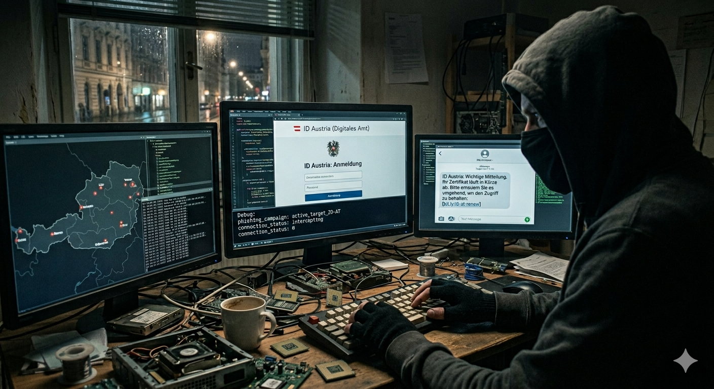Avusturya ID Austria sistemine yönelik oltalama (phishing) siber saldırısını gerçekleştiren, karanlık bir ortamda üç monitör önünde oturan maskeli hackerın yakın çekim ultra gerçekçi fotoğrafı. Monitörlerde sahte ID Austria giriş sayfası ve Almanca sahte SMS metni görülüyor.