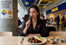 Viyana IKEA restoranında masada İsveç köftesi tabağı, yanında ambalajlı Chupa Chups köfte aromalı lolipoplar ve arka planda lolipop tadan gülümseyen bir kadın.
