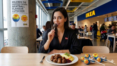 Viyana IKEA restoranında masada İsveç köftesi tabağı, yanında ambalajlı Chupa Chups köfte aromalı lolipoplar ve arka planda lolipop tadan gülümseyen bir kadın.
