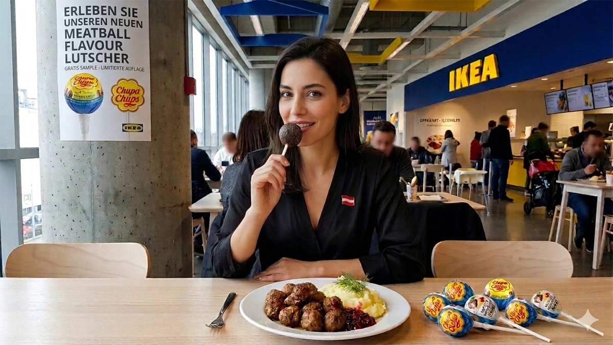 Viyana IKEA restoranında masada İsveç köftesi tabağı, yanında ambalajlı Chupa Chups köfte aromalı lolipoplar ve arka planda lolipop tadan gülümseyen bir kadın.