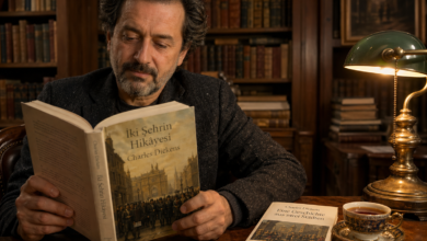 Charles Dickens'ın İki Şehrin Hikâyesi kitabının Türkçe ve Almanca baskılarını bir kütüphanede okuyan kişi.