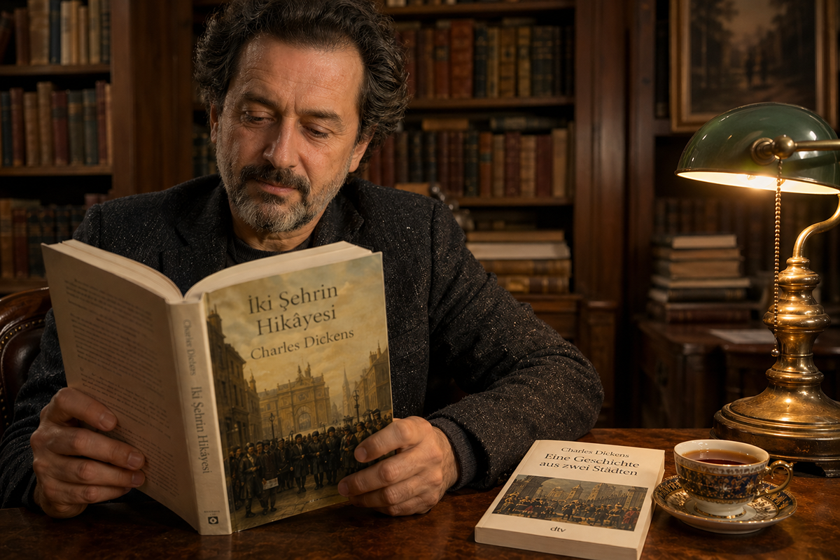 Charles Dickens'ın İki Şehrin Hikâyesi kitabının Türkçe ve Almanca baskılarını bir kütüphanede okuyan kişi.