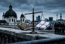 Viyana’daki dini kurumlar incelemesi temsil eden adalet terazisi ve Kuran-ı Kerim görseli.