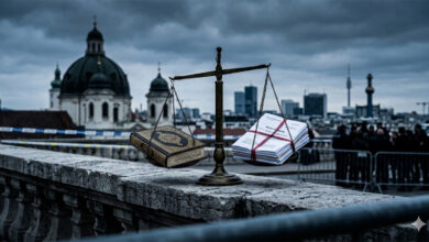 Viyana’daki dini kurumlar incelemesi temsil eden adalet terazisi ve Kuran-ı Kerim görseli.