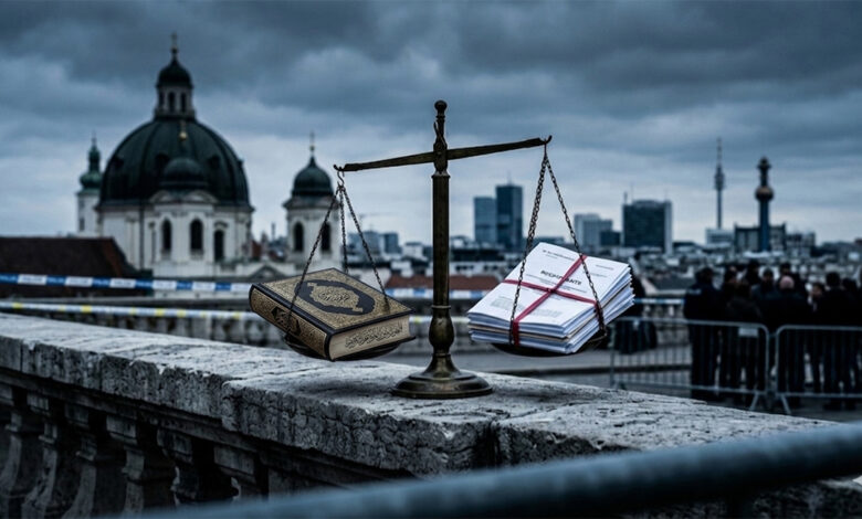 Viyana’daki dini kurumlar incelemesi temsil eden adalet terazisi ve Kuran-ı Kerim görseli.