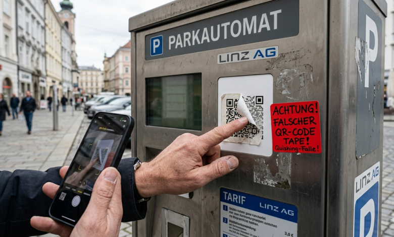 Linz park otomatı üzerine yapıştırılmış sahte QR kod çıkartması ve Quishing tuzağı.
