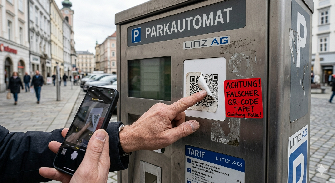 Linz park otomatı üzerine yapıştırılmış sahte QR kod çıkartması ve Quishing tuzağı.