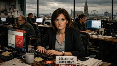 Viyana'da bir haber merkezi illüstrasyonu üzerinde GPA Sendikası'nın medya reformu ve gazeteci hakları vurgusunu temsil eden grafik.