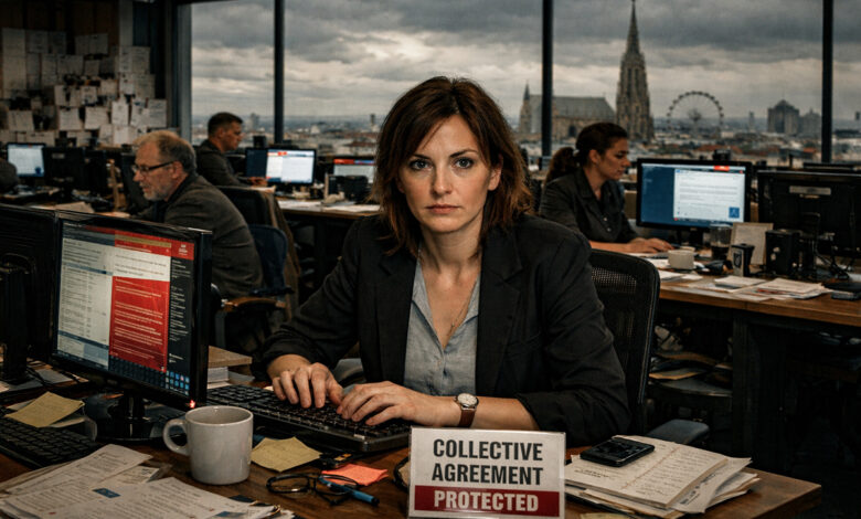 Viyana'da bir haber merkezi illüstrasyonu üzerinde GPA Sendikası'nın medya reformu ve gazeteci hakları vurgusunu temsil eden grafik.