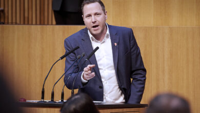 Michael Schnedlitz kürsüde konuşma yaparken SPÖ ve Gusenbauer yolsuzluk iddiaları açıklaması