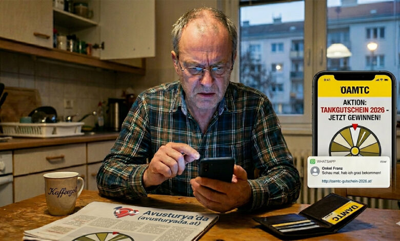 Avusturya'da WhatsApp üzerinden yayılan sahte ÖAMTC yakıt çeki kampanyası ve dolandırıcılık uyarısı.