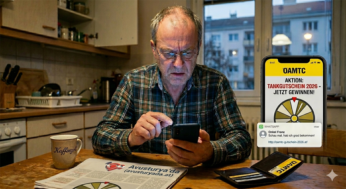 Avusturya'da WhatsApp üzerinden yayılan sahte ÖAMTC yakıt çeki kampanyası ve dolandırıcılık uyarısı.