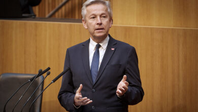 EVP Başmüzakerecisi Reinhold Lopatka, parlamento kürsüsünde elleriyle vurgu yaparak Avrupa Birliği genişlemesi üzerine konuşuyor.