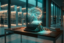 Geleceğin kütüphanesinde fütüristik bir daktilo üzerinde yükselen dijital beyin hologramı ve ışıklı kelimeler
