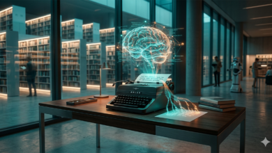Geleceğin kütüphanesinde fütüristik bir daktilo üzerinde yükselen dijital beyin hologramı ve ışıklı kelimeler