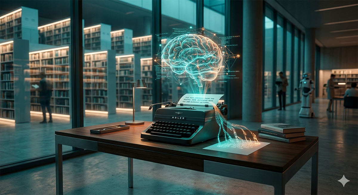 Geleceğin kütüphanesinde fütüristik bir daktilo üzerinde yükselen dijital beyin hologramı ve ışıklı kelimeler