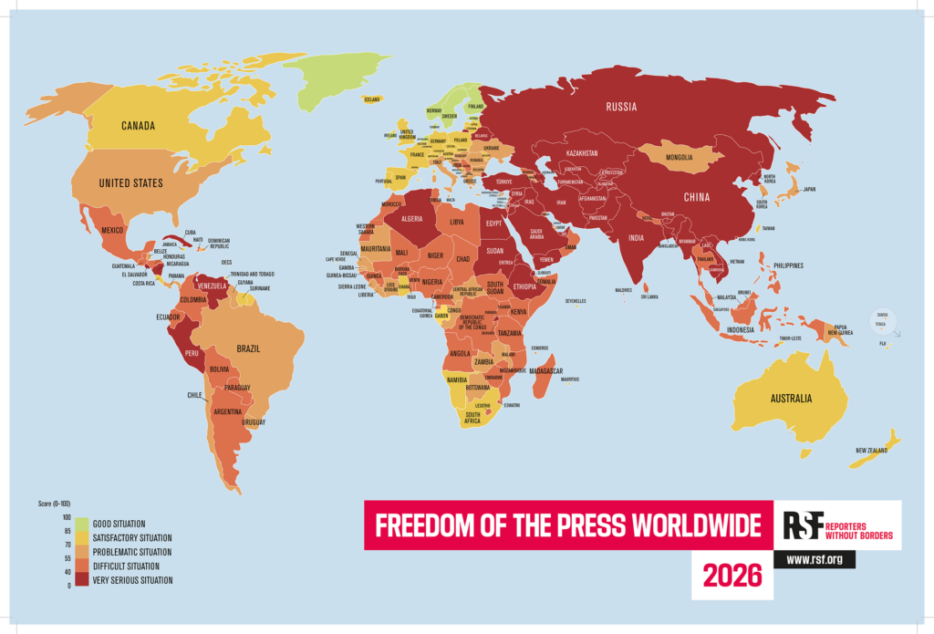 2026 Dünya Basın Özgürlüğü Endeksi haritası; ülkelerin özgürlük seviyelerine göre yeşil, sarı, turuncu ve kırmızı renklerle gösterimi.