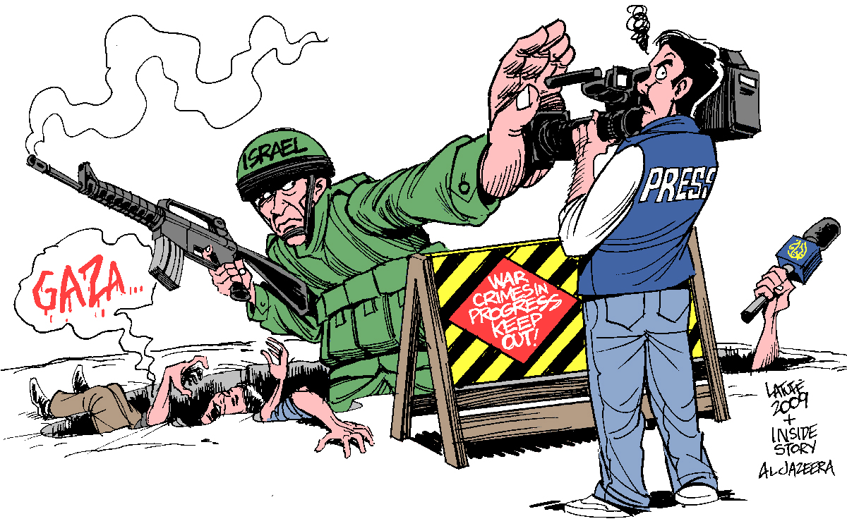 İsrail askerinin Gazze'de çekim yapan gazeteciyi engellemesini ve savaş suçları tabelasını tasvir eden Carlos Latuff karikatürü.
