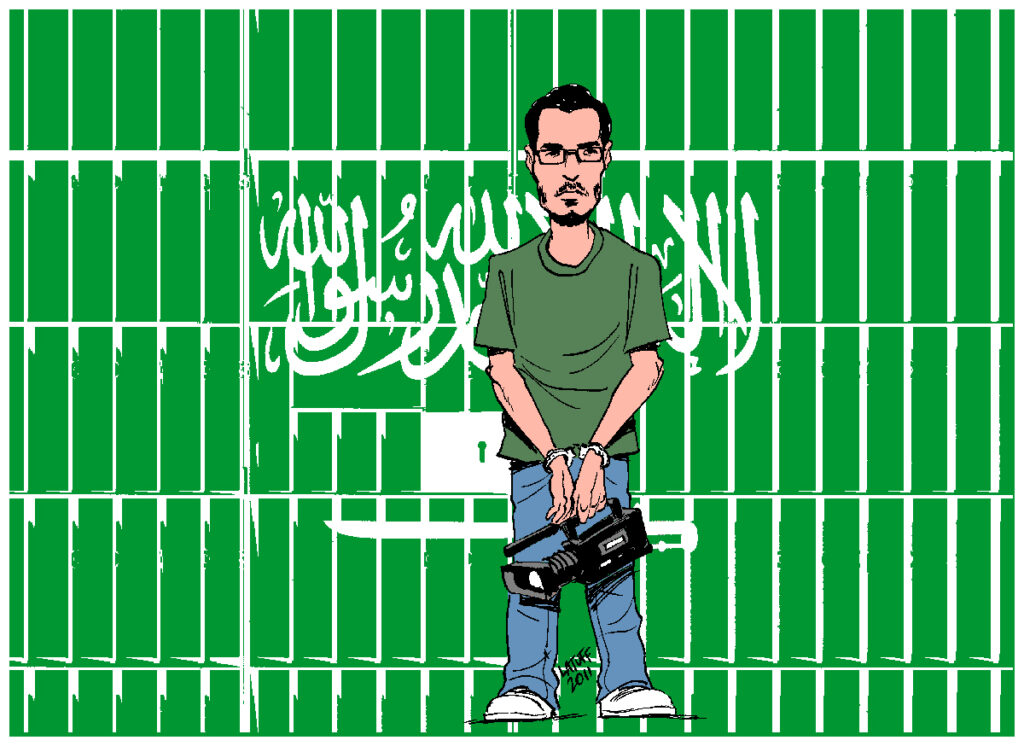 Suudi Arabistan bayrağı önünde kelepçelenmiş bir gazeteci karikatürü; küresel hapsedilen gazetecileri ve baskı rejimlerini temsil ediyor.