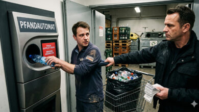 Salzburg'daki bir süpermarkette depozito otomatı önünde yakalanan dolandırıcılık zanlısı ve geri dönüşüm şişeleri.