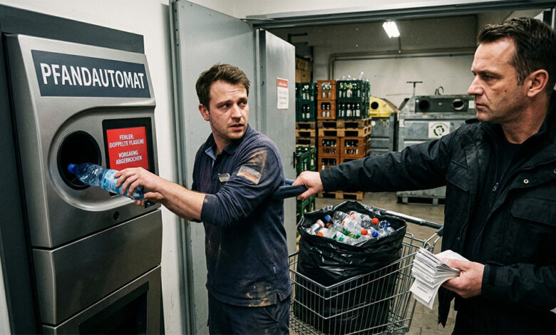 Salzburg'daki bir süpermarkette depozito otomatı önünde yakalanan dolandırıcılık zanlısı ve geri dönüşüm şişeleri.
