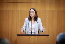 SPÖ Çevre Sözcüsü Julia Herr, kürsüde elleri açık bir jestle nükleer enerji karşıtı konuşma yapıyor. Arka plan ahşap panelli, masada mikrofonlar ve kırmızı bir buton var.