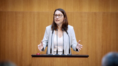 SPÖ Çevre Sözcüsü Julia Herr, kürsüde elleri açık bir jestle nükleer enerji karşıtı konuşma yapıyor. Arka plan ahşap panelli, masada mikrofonlar ve kırmızı bir buton var.