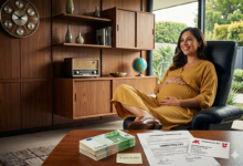 Viyana'da bir ev ortamında, masanın üzerinde 9.000 Euro nakit para, Almanca belirsiz süreli iş sözleşmesi (unbefristeter Dienstvertrag) ve AK kartviziti duruyor; arka planda hamile bir kadın mutlu bir şekilde karnını tutarak gülümsüyor.