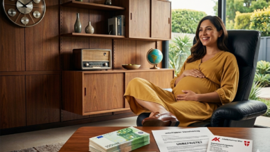 Viyana'da bir ev ortamında, masanın üzerinde 9.000 Euro nakit para, Almanca belirsiz süreli iş sözleşmesi (unbefristeter Dienstvertrag) ve AK kartviziti duruyor; arka planda hamile bir kadın mutlu bir şekilde karnını tutarak gülümsüyor.