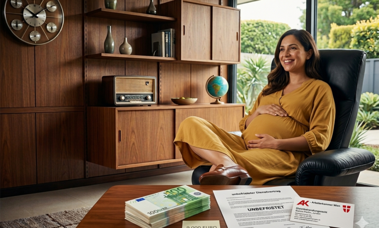 Viyana'da bir ev ortamında, masanın üzerinde 9.000 Euro nakit para, Almanca belirsiz süreli iş sözleşmesi (unbefristeter Dienstvertrag) ve AK kartviziti duruyor; arka planda hamile bir kadın mutlu bir şekilde karnını tutarak gülümsüyor.