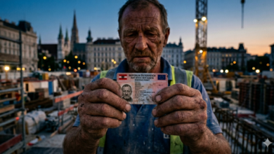 Viyana'da bir şantiyede, yelekli ve yıpranmış elleriyle Kırmızı-Beyaz-Kırmızı (Rot-Weiß-Rot) kart tutan yaşlı bir inşaat işçisi. Arka planda Viyana'nın tarihi binaları, vinçler ve alacakaranlık atmosferi görülüyor.