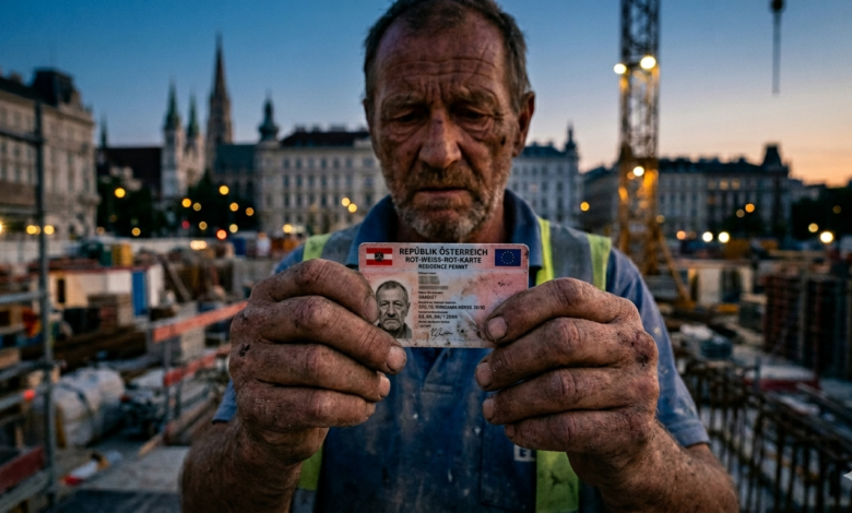 Viyana'da bir şantiyede, yelekli ve yıpranmış elleriyle Kırmızı-Beyaz-Kırmızı (Rot-Weiß-Rot) kart tutan yaşlı bir inşaat işçisi. Arka planda Viyana'nın tarihi binaları, vinçler ve alacakaranlık atmosferi görülüyor.
